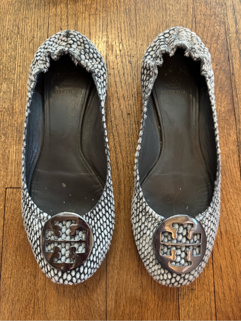 Tory Burch Black & White Animal Hair Logo Emblem Flats - W 9.5
